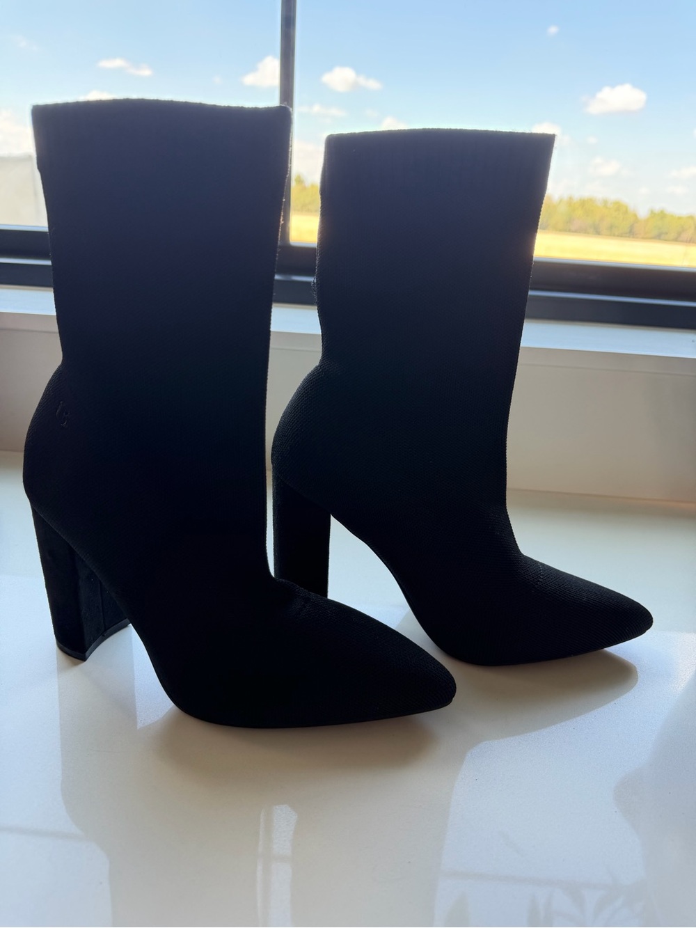 Black Stretch Sock Ankle Boots with Pointed Toe and Block Heel